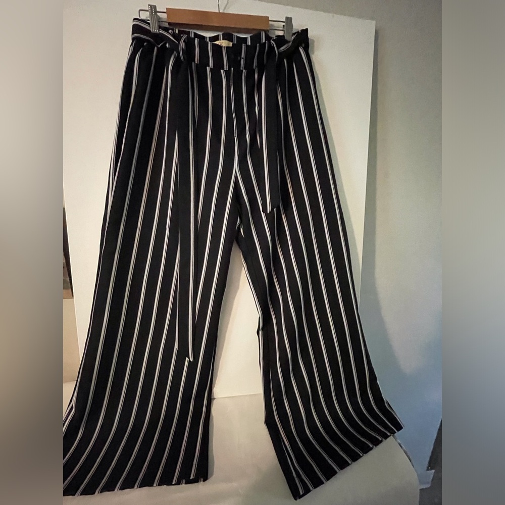 Grace Karin Black and White Striped Wide Leg Pants With Belt
